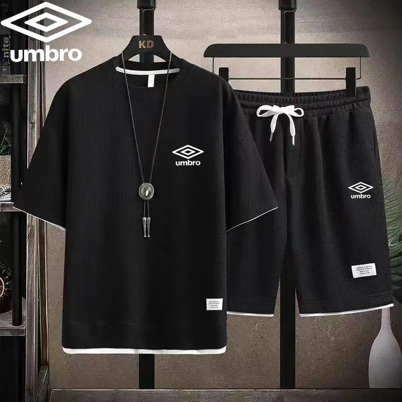 Embroidered Umbro Summer Men\'s Waffle Sets Casual T-Shirt And Shorts Set Male Sports Suit Tracksuit Loose Suits Size 3XL