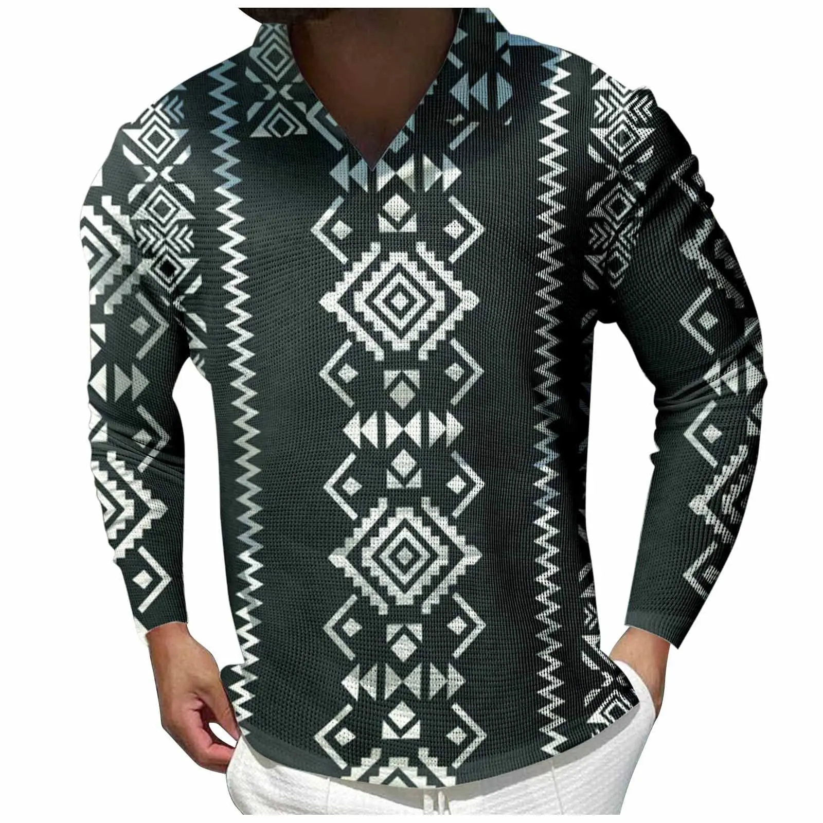 

Men's ethnic print retro long-sleeved Polo shirt lapel sports casual outdoor office daily wear button spring autumn winter