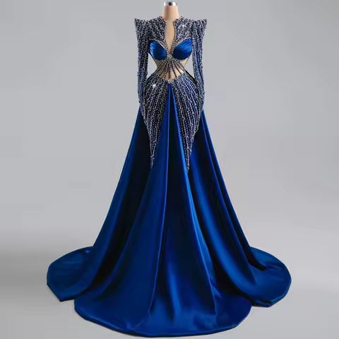 Navy Blue V Neck Mermaid Formal Evening Dress Luxury Crystal Bead Prom Dress Elegant Satin Celebrity Dress Customized 2025