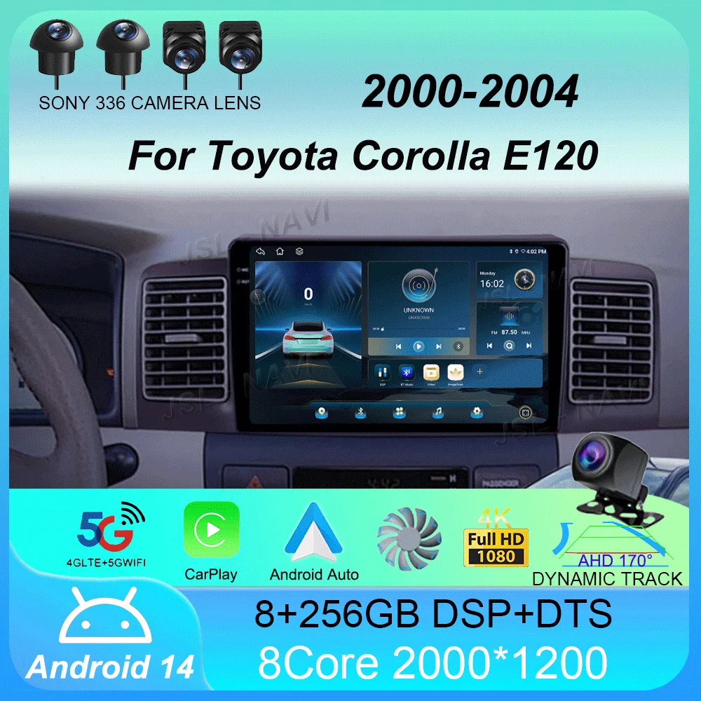 Car Radio Android 14 Carplay Multimedia For Toyota Corolla E120 2000 - 2004 navigation video DVD Autoradio Stereo 2din 4G+wifi