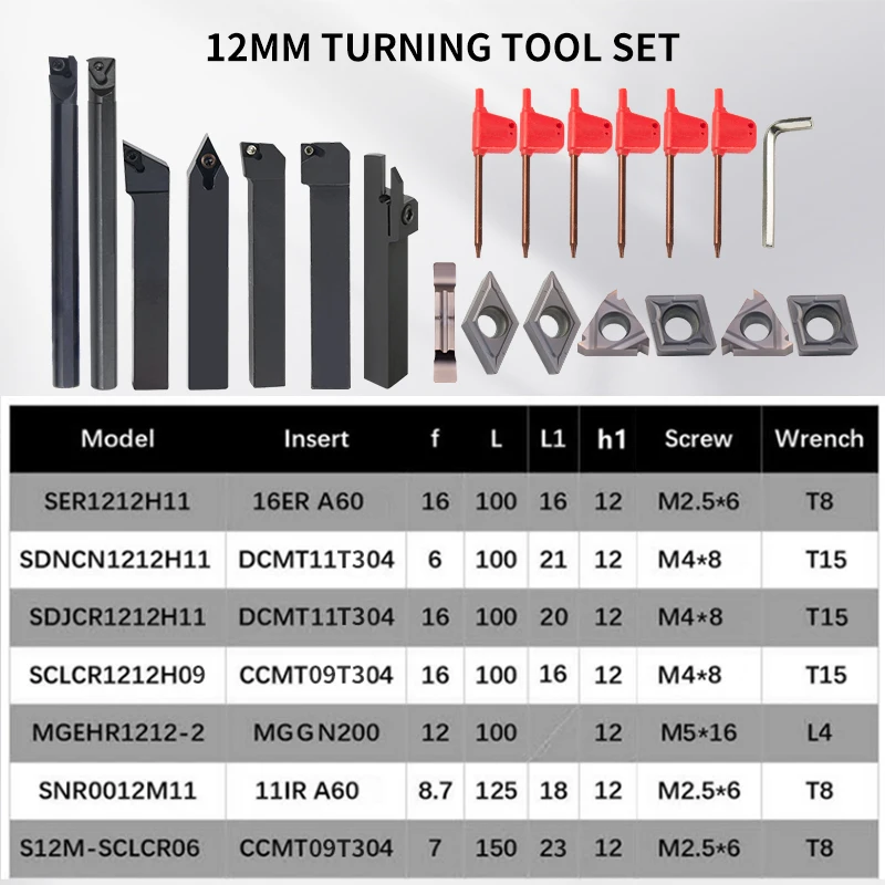 7Pcs 10MM 12MM 16MM CNC Lathe Turning Tool Holder Boring Bar Sets with Hard Alloyl Insert Wrench Kit for Turning Thread Grooving