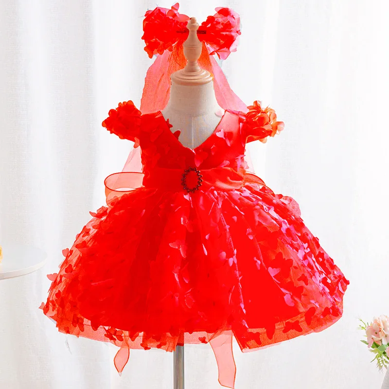 New Stumbling Baby Girl Butterfly Fluffy Gauze Dress Girls First Birthday Washing Dress Newborn Formal Christmas Dinner Clothing