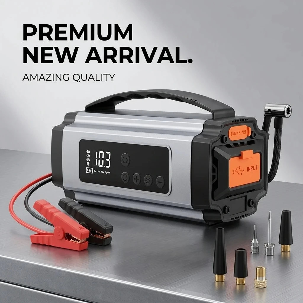 Jump Starter with Air Compressor, Portable Tire Inflator, 12V Car Battery Starter, Power Bank, Digital Gauge