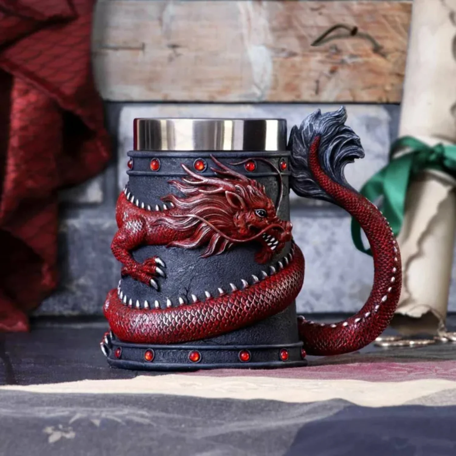 

Dragon Coffee cup Large-capacity Draft Beer mug 3D Retro Stainless steel Drinkware Red Gold Coffee mug Tazas de
