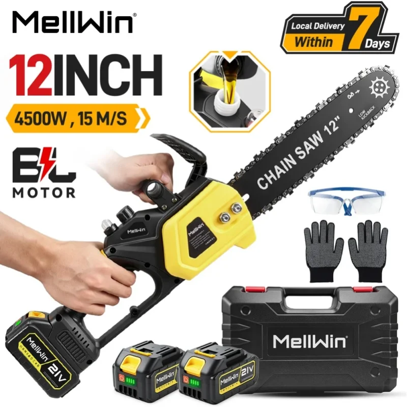 MELLWIN 12 Zoll Bürstenlose Elektrische Säge Kabellose Holzfällersäge mit Werkzeugkasten, Schutzbrille, Handschuhen, Garten-Baum-Schneidwerkzeug für Makita 18V Akku