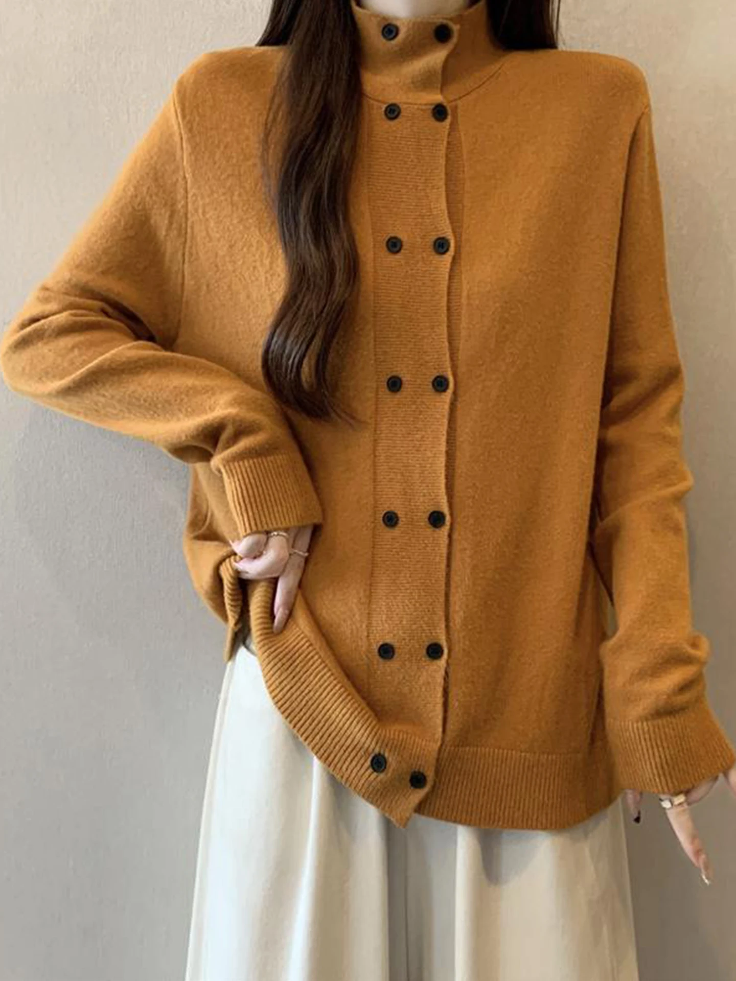 

Женский вязаный кардиган с высоким воротником, двойной застежкой на пуговицах, теплый базовый свитер, мягкий и удобный дизайн, зимняя мода для повседневной носки