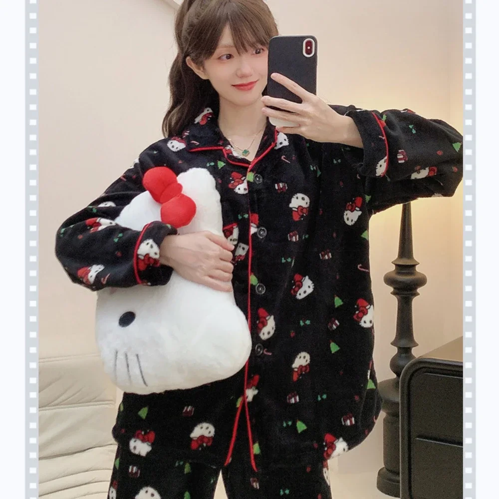 Hello Kitty Pajamas Christmas Cartoon Pure Cotton Autumn New Christmas Tree Women\'s Pajamas Sanrio Casual Loungewear Set