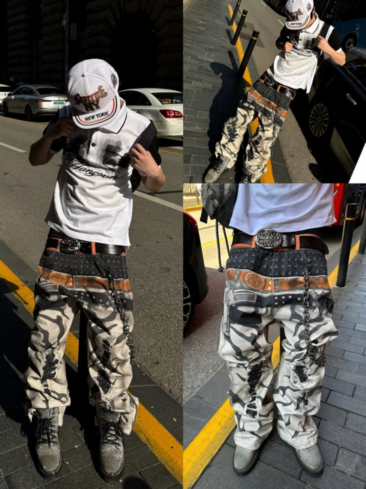 American Retro Heavy Duty 3D Printed Double Waist Jeans Men's Subculture Worn Loose Slimming Long Pants Casual Straight Leg