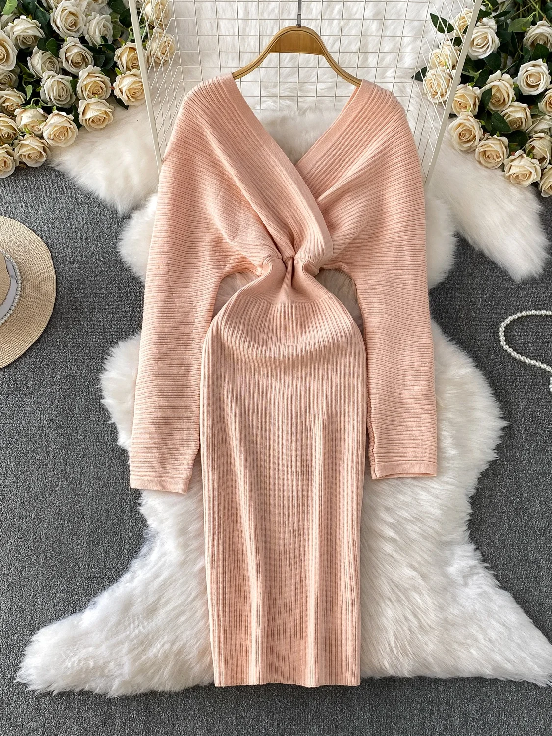 

Сексуальное вязаное платье-свитер для женщин с V-образным вырезом, завышенной талией, длинное, с эластичным поясом, осенне-зимнее модное платье