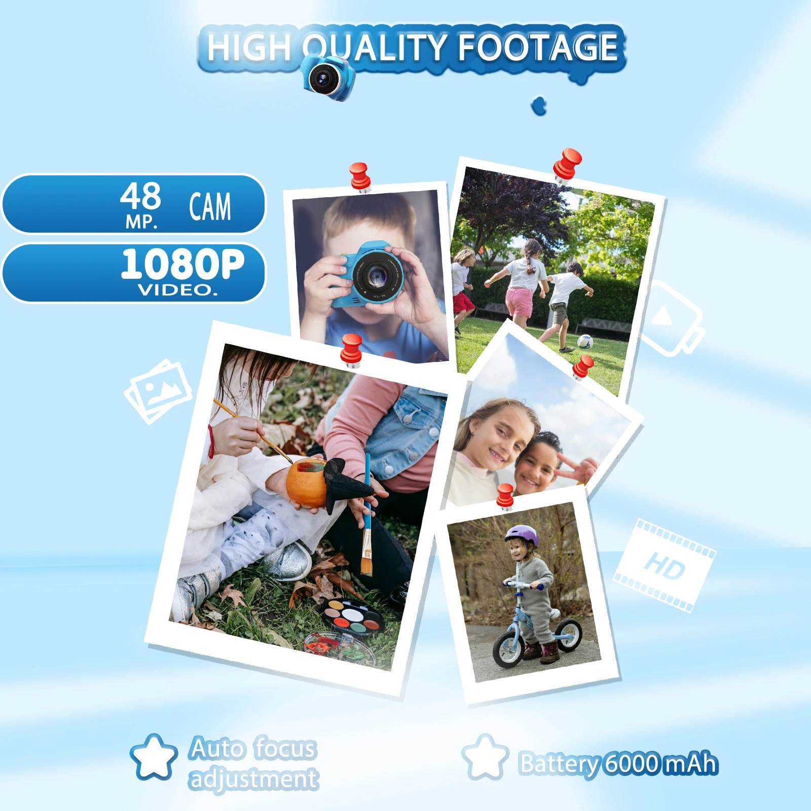 Kids Camera with Projector, Large Screen 1080P Video Recording Camera, 32GB SD Card, Christmas Birthday Gift, Portable Toys for