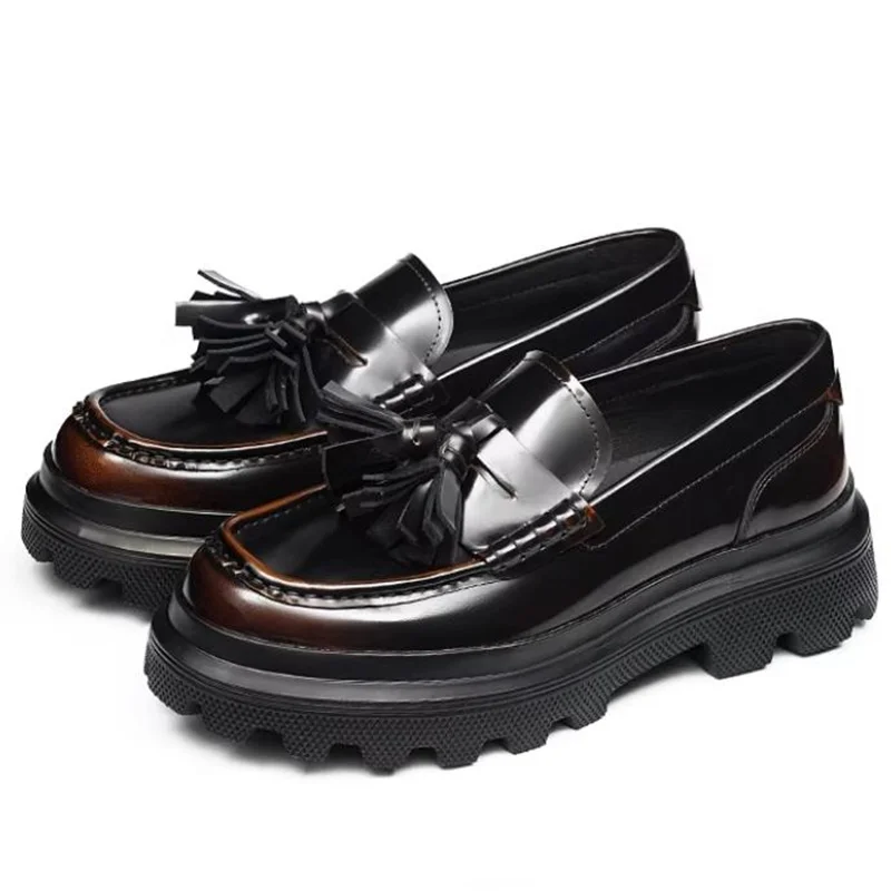 New Anti-slip Thick-soled Height-increasing Shoes Slip-on Leather Shoes For Men Platform Business Casual Loafers With Tassel