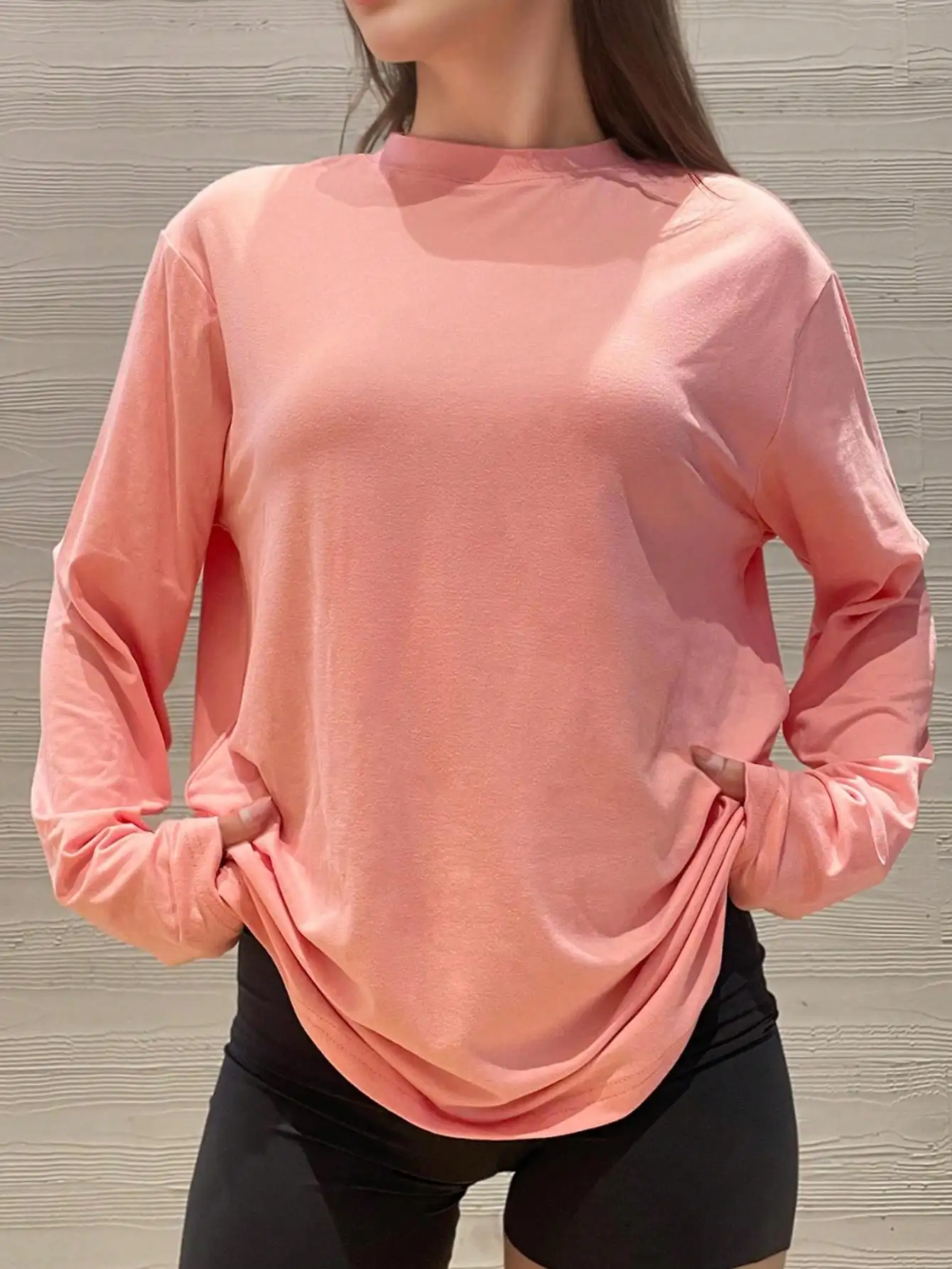 

Pink Long Sleeve Drop Shoulder T-Shirt, Loose Fit Casual Top for Everyday Wear