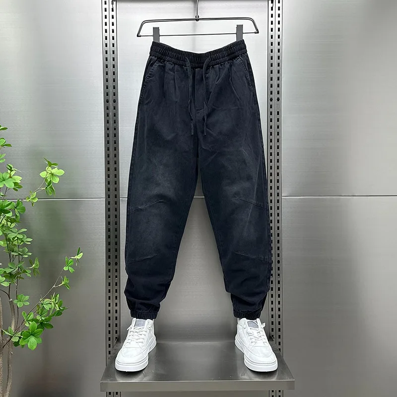 

Summer Men's Casual Pants Trendy Hong Kong Sle Retro Loose Fit Stand Tailoring Polyester Fiber Dstring Waist Jeans