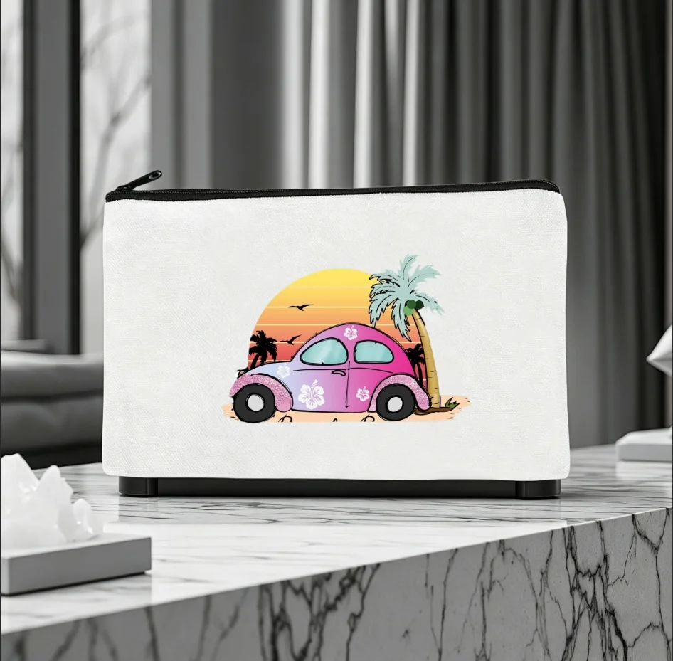 1PC Beach Retro Car Sunset Print Canvas Cosmetic Zipper Storage Pouch