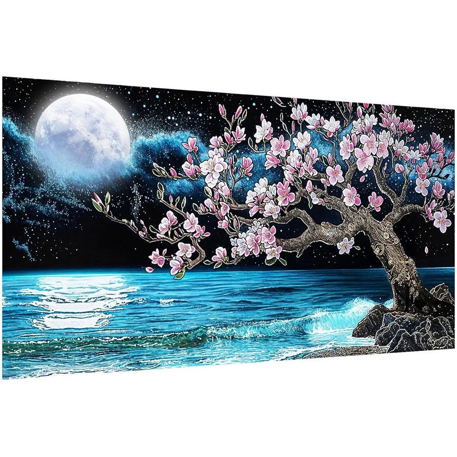 

Комплект алмазной живописи озера для взрослых, цветок магнолии, 5D, большая алмазная вышивка, сделай сам, полная алмазная мозаика, искусство, луна, голубое море, домашний декор