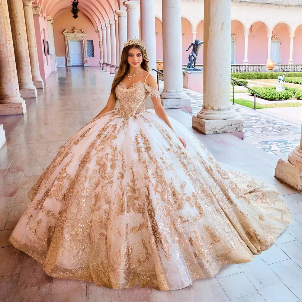 Robe Quinceanera de luxe avec appliques à paillettes, robe en tulle élégante, robe Sweet 16, train de balayage, anniversaire ouvert, éducatif, 15 ans