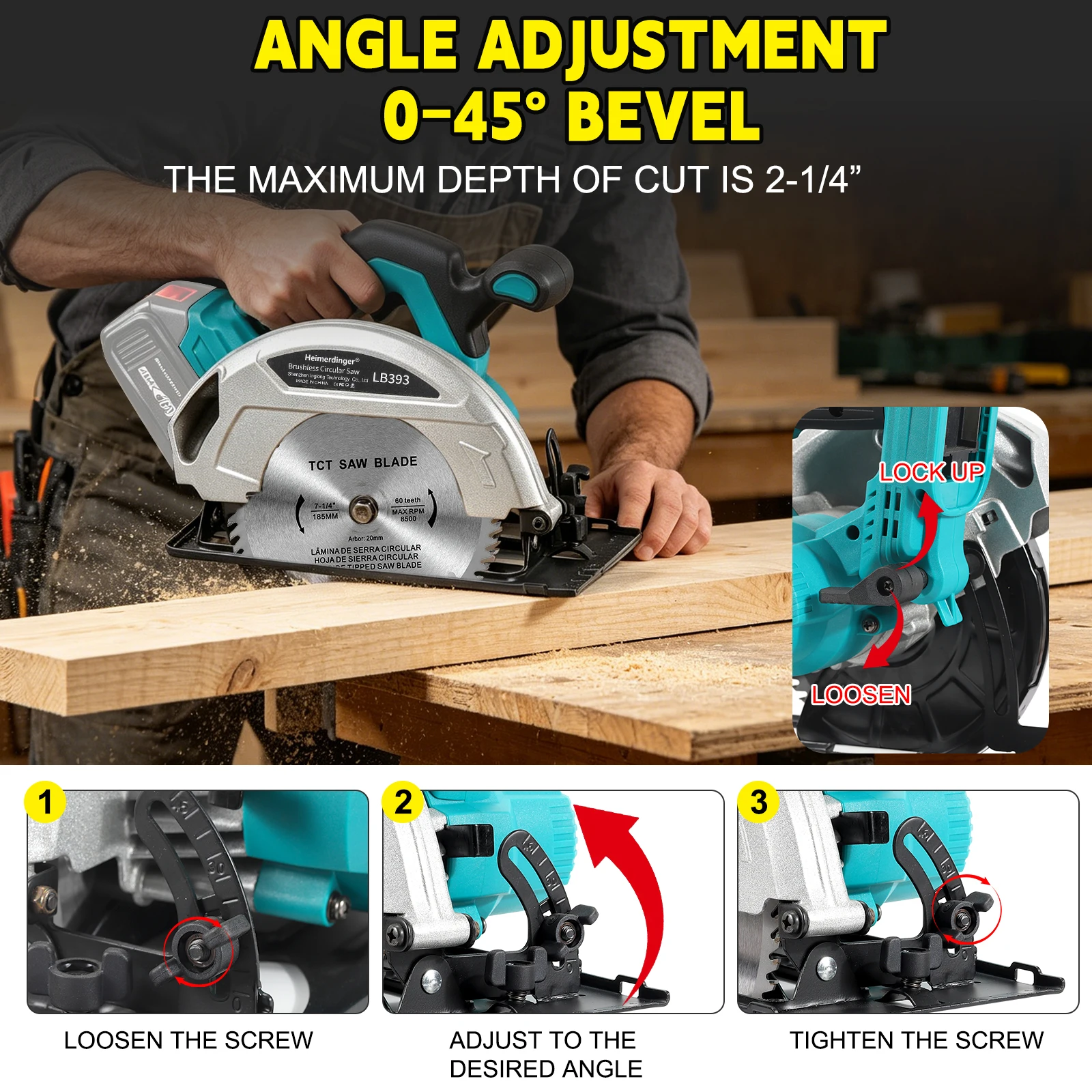 Heimerdinger 7-1/4 Cordless Circular Saw Brushless 1200W 185mm Blade 60mm Cut 0-45 Bevel For Makita 18V Battery, No battery
