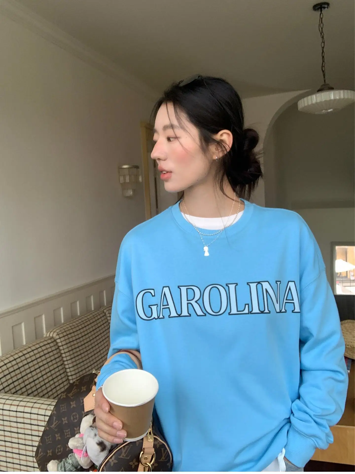 

Весенний оверсайз свитшот с круглым вырезом, женский, синий, с буквенным принтом, повседневный, дышащий, хлопковый, американский стиль, топ