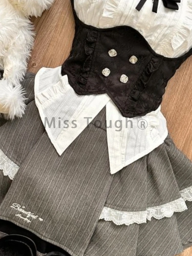 Japanese Lolita Sweet 3 Piece Set Women Chic Shirt + Black Vest +Grey Pleated Skirt New Design College Style Kawaii JK Suit 2024