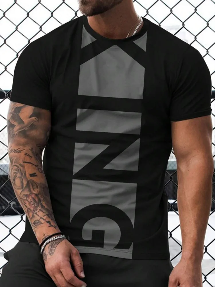 3D Letter Printed Men's Fitness T-shirt Urban Fashion Men's Short-sleeved Top Summer Daily Casual Men's Short-sleeved Top