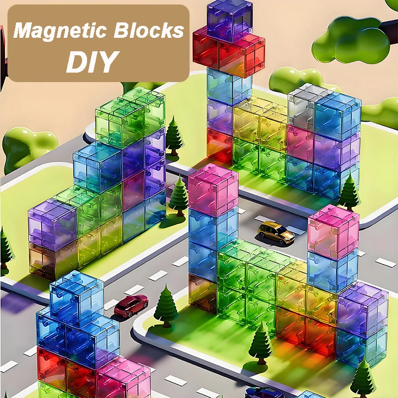 Kids Transparent Magnetic Building Blocks Toy Rainbow Colorful Cubes Toy Construction DIY Square Model Toy for Boy Girl Gift