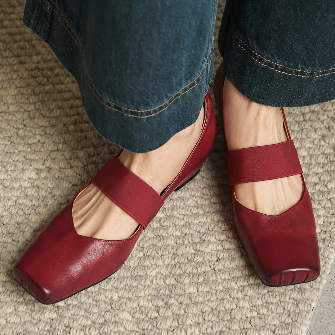 

danxuefei women's cow leather square toe elastic band slip-on pumps 4cm wedge med heel OL style elegant ladies heels shoes woman