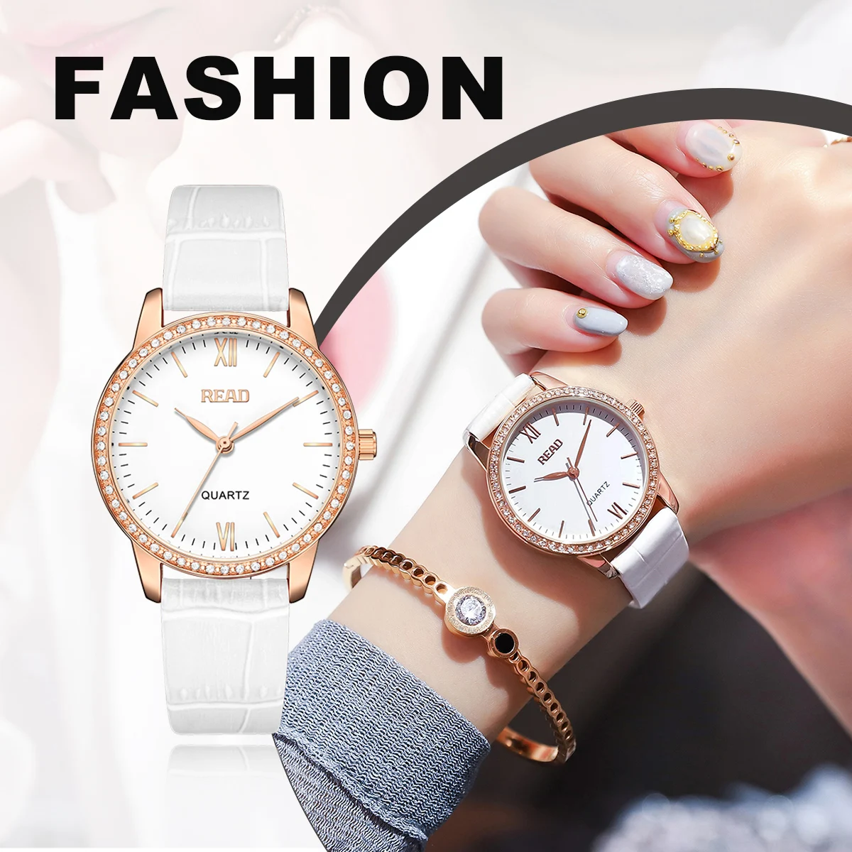 READ Women Quartz Watch | Crystal Bezel | White Embossed Leather Strap | Roman Markers | Daily Water Resistant Wrist Watch