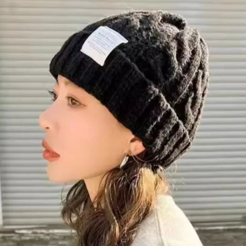 Thick Woolen Yarn Knitted Hat Autumn Winter Warm Wool Knit Cap Polyester Coarse Knitted Thermal Hats Unisex Simple Head Caps