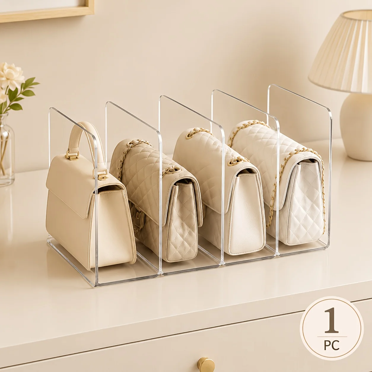 1 Pack 4-Slot Clear Acrylic Handbag Organizer Purse Divider Rack for Closet Wardrobe Vanity Cabinet Keeps Bags Upright Easy Acce