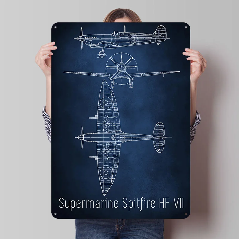 HF VII Spitfire Blueprint Metal Poster Custom Wall Art Retro Vintage Tinplate Signs for Man Cave Wand Deko Desk Decor Home Sign