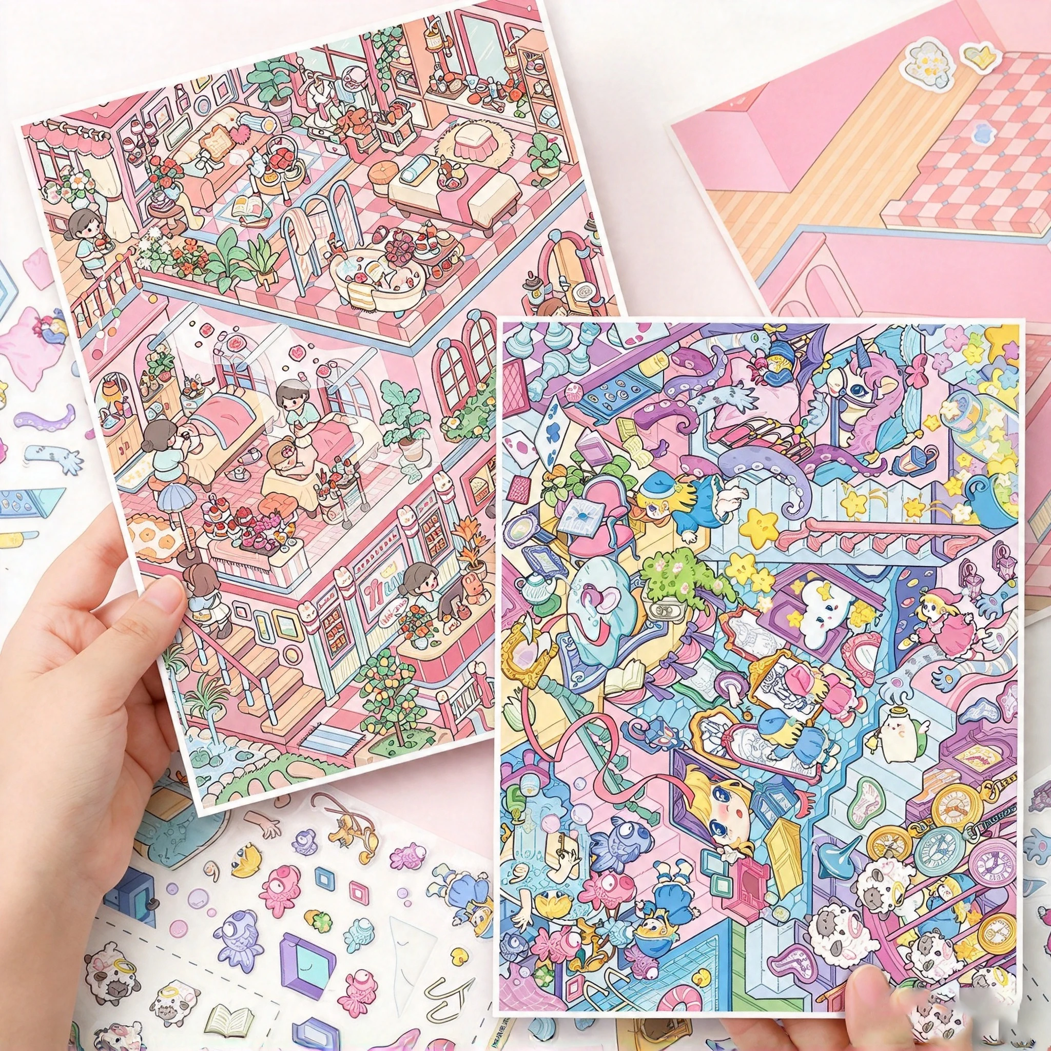 1. Colorful Isometric Fantasy World Deco Scene Stickers, Lovely Character & Rich Furniture PET Stickers for Diary Album Art Coll