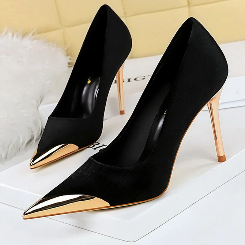 BIGTREE Shoes Luxury Women\'s Pumps Metal Pointed High Heels Fashion Stilettos Banquet Shoes Ladies Pumps Sexy Party Shoes Suede