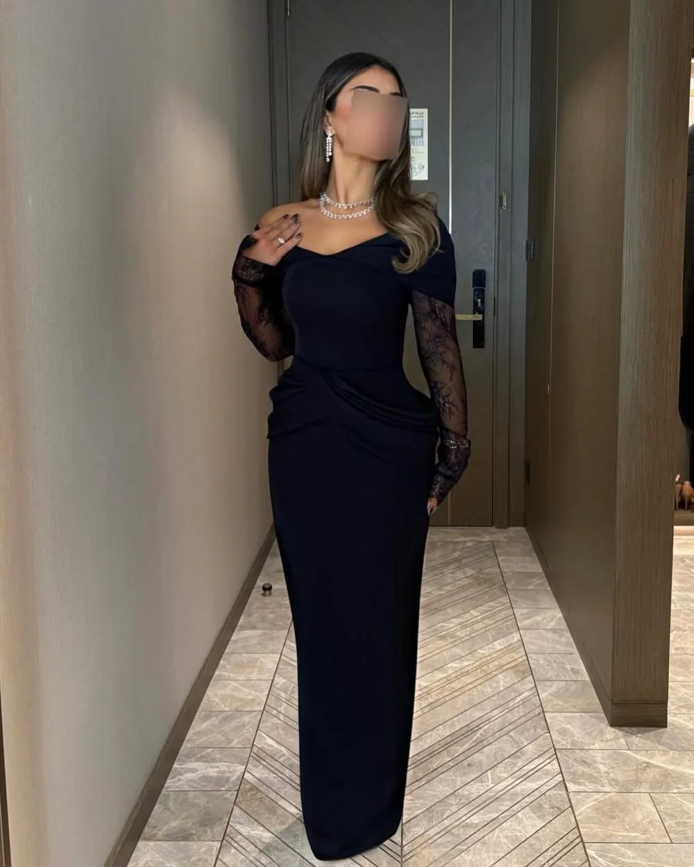 

Customized Exquisite Classic Jersey Pleat Lace Ruched Draped Straight Off-the-shoulder Long Dresses Evening Dresses High Quality