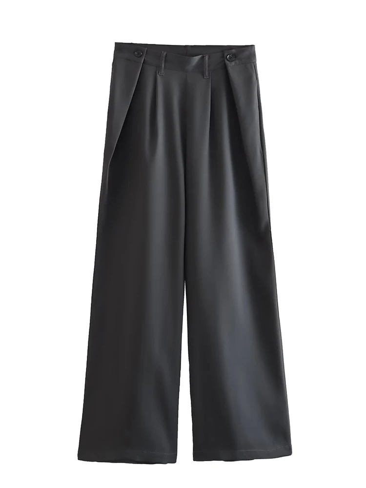 

YENKYE New Fashion Women Vintage High Waist Dark Gray Beige Wide Leg Pants Office Female Elegant Suit Trousers