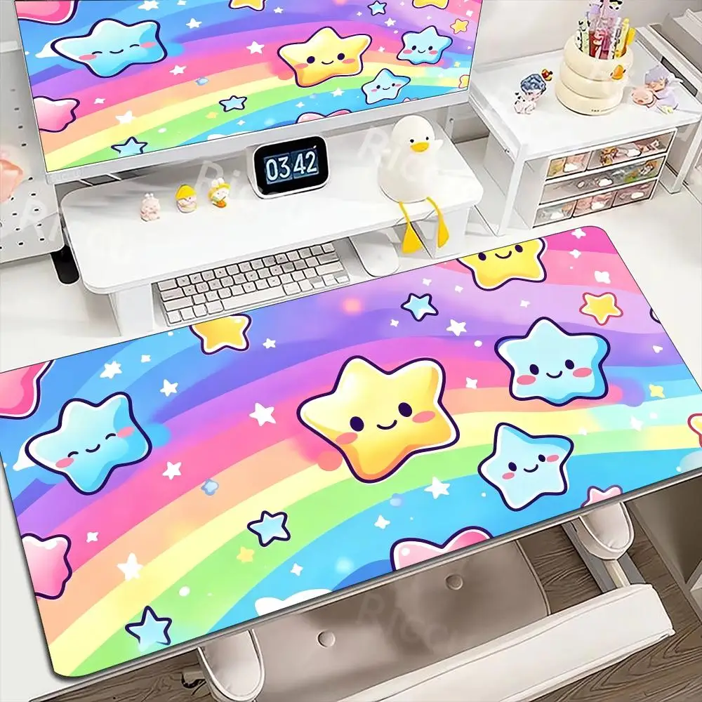 Rainbow Stars Sky Dreamy XXL Desk Mat Large Gaming Mouse Pad Non-Slip Rubber Base HD Print Stitched Border For Daily Use Spot