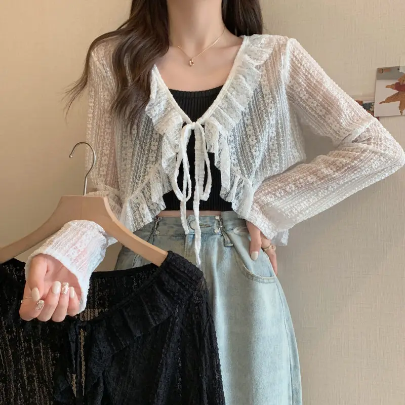 2024 White Tie Up Summer Sunscreen Cardigan Overcoat Women Lace Bow Ruffle Tops Long Sleeve Sheer Mesh Crop Top Y2K Korean Shirt