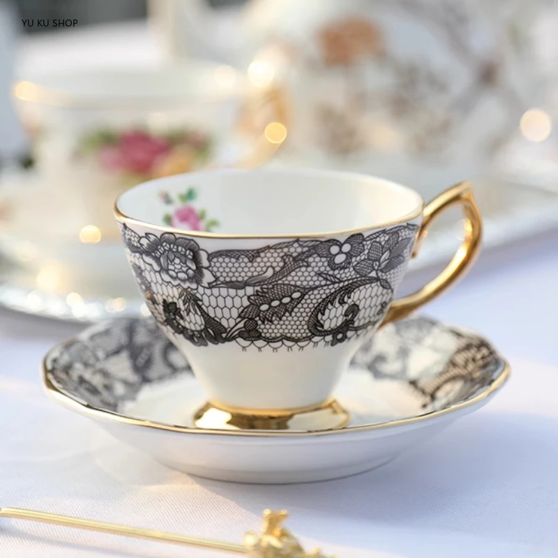 

High-end Bone China Coffee Cup Saucer Afternoon Tea Mug Lace Plate Double-layer Dessert Plate Phnom Penh Cup Saucer Drinkware