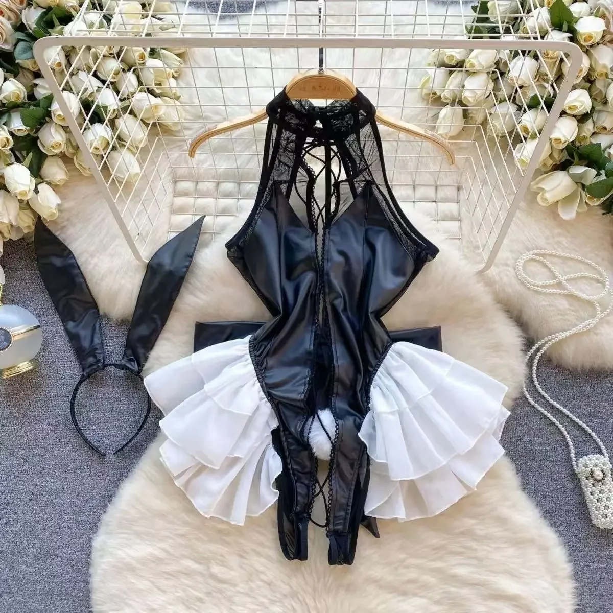 Bunny Gioco di ruolo Indumenti da notte da donna Abbigliamento segreto da donna Halter Patchwork Body Lingerie erotica Sexy Tutina nera Bodycone