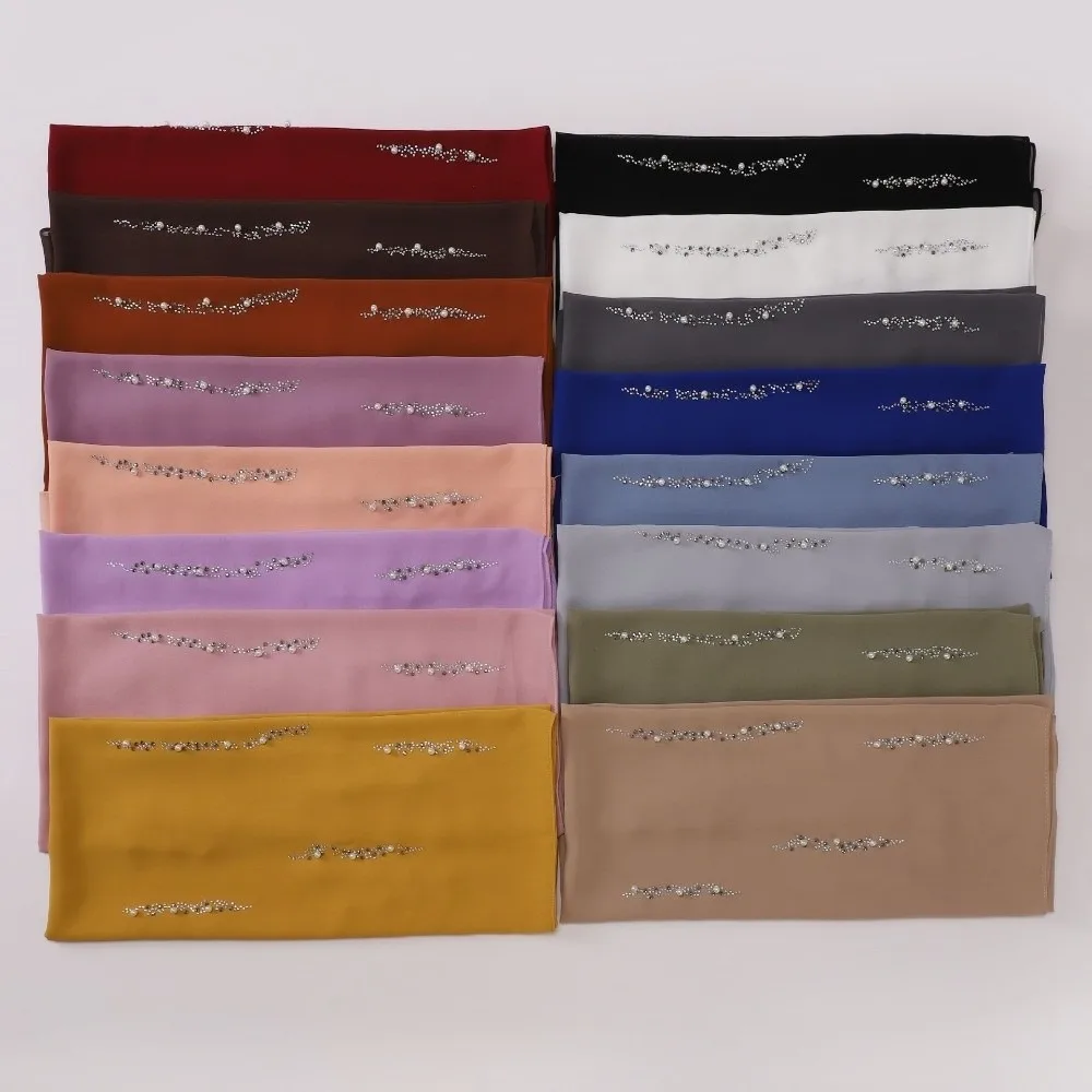 Rhinestone Imitation Pearl Chiffon Hijab Shimmer Beads Lightweight Malaysia Shawl Scarf Elegant Breathable Soft Head Wrap Women