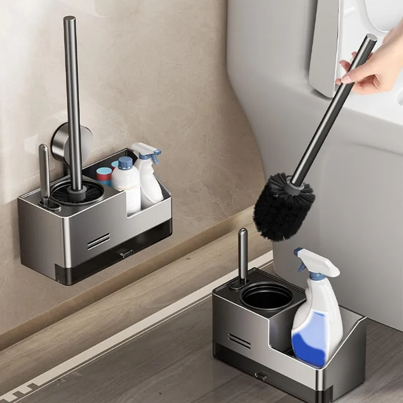 A25F-Wall-Mounted,No Dead Angle Strong Suction Cup Toilet Brush Set-Gun Gray, Modern Minimalist Style