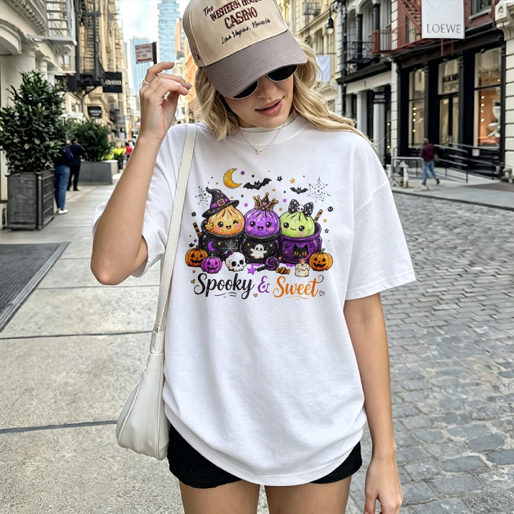 Spooky & Sweet Halloween Dumpling Bao Graphic T Shirt Cute Kawaii Witch Steamed Bun Cauldron Pumpkin Bat Skull Moon Print Tees