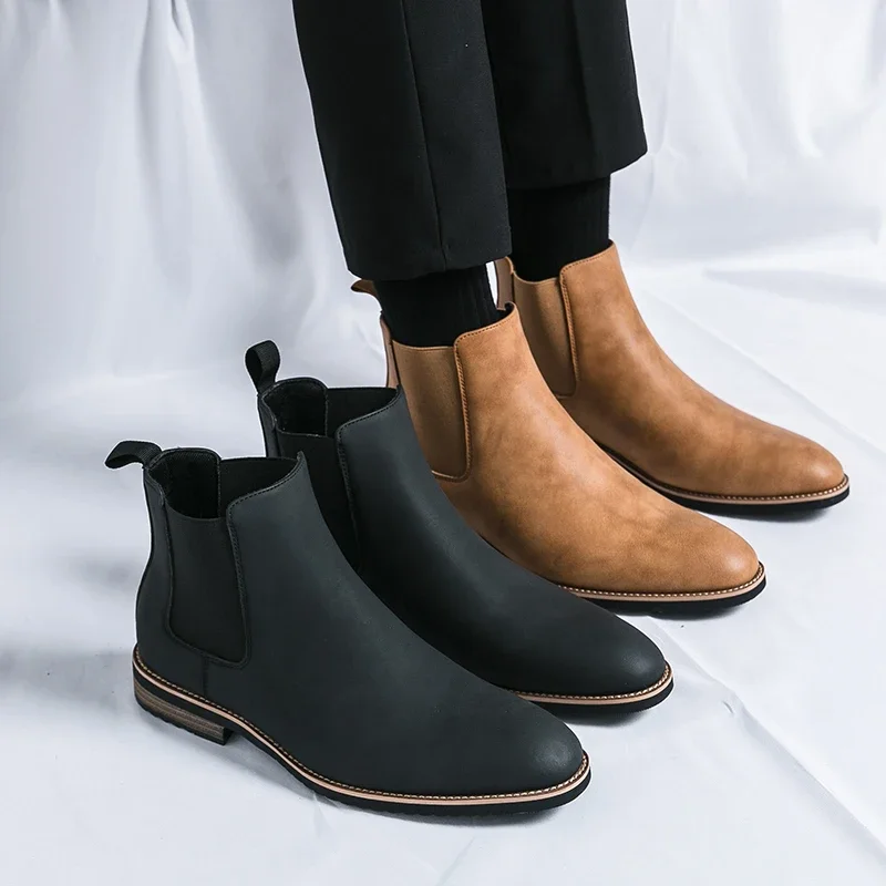 Men Boots Chelsea Shoes for Men 2024 Solid Color Slip On Ankle Boots Flat High-Top Short-Toed Pointy High-Top Pu Leather Shoes