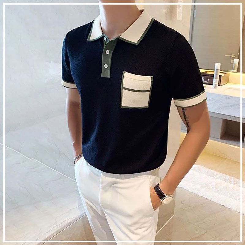 

Summer Handsome British Style Fashion Trend Color Block Pocket Slim Fit Simple Casual Business Short Sleeved POLO Shirt 2024