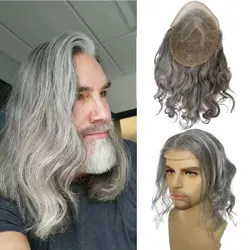 Human Hair Toupee for Men Mono Lace with Npu Around Lace Systems 10x8Inch Long Hair 12Inch 1B Mixed 80% Synthetic Grey Hair