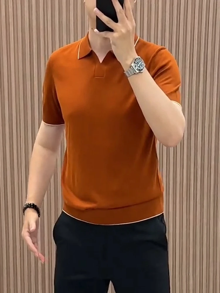 Men's Casual Knitted Short Sleeve Slim Fit  Shirt Fashionable Business Style Autumn Winter New Arrival Breathable Comfort...
