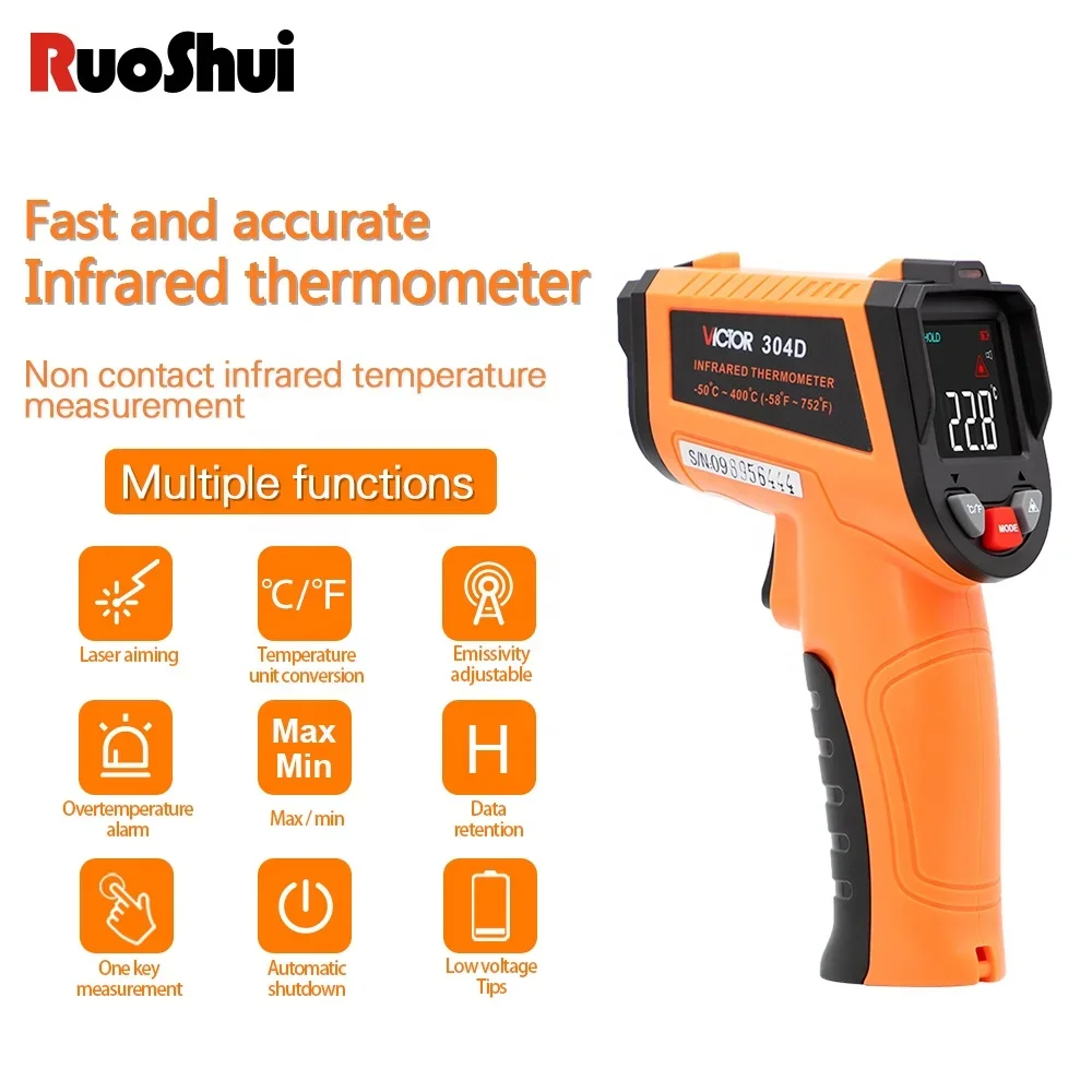 RUOSHUI 304D RTS Digital IR Thermometer Laser Temperature Meter Non-contact Pyrometer Imager Hygrometer IR Termometro