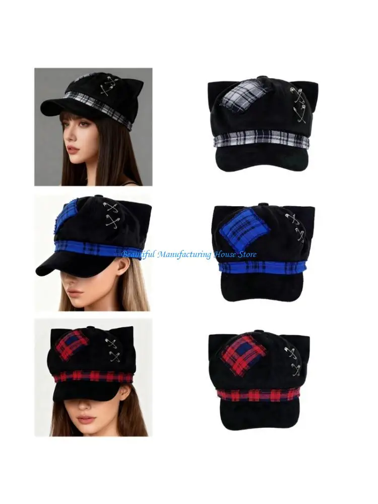 

E56A Black Painter Hat Cabbie Hat Fashion Hat Plaids Kitten Ear and Patch