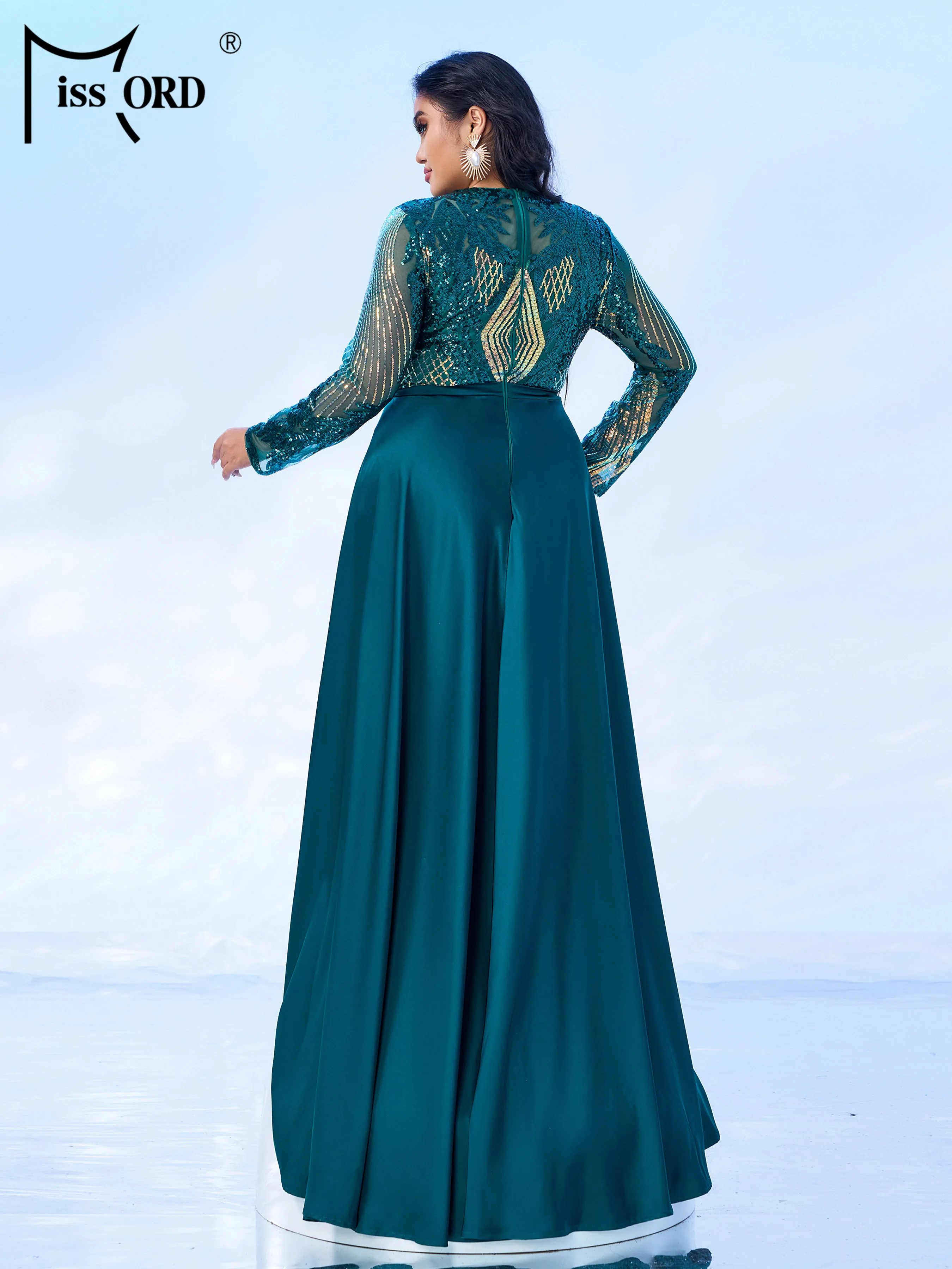 Missord Plus Size New Green Round Neck Long Sleeved Sequin Mermaid Evening Panel Formal Occasion Wedding Birthday Cocktail Dress