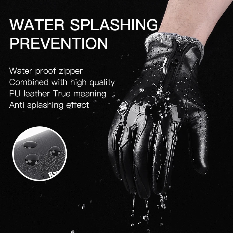 

Зимние велосипедные перчатки из искусственной кожи, теплые ветрозащитные перчатки с сенсорным экраном, спортивные лыжи, сноуборд, нескользящие перчатки на молнии для снегохода, мотоциклетные перчатки, мужские черные