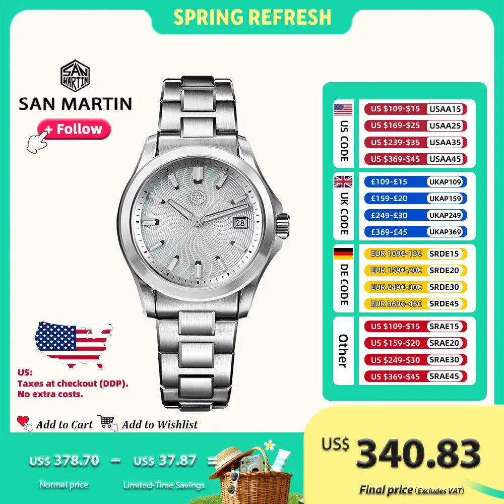 

San Martin Watch 39mm Luxury Dress Miyota 9015 Automatic Mechanical Watches for Men With Mop Guilloche 100m Waterproof SN0150